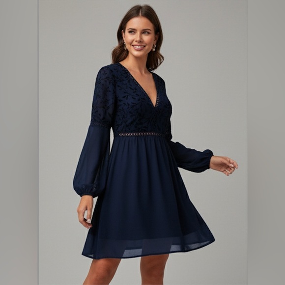 Guipure Lace Insert Lantern Sleeve Chiffon Dress Blue - Picture 6 of 12